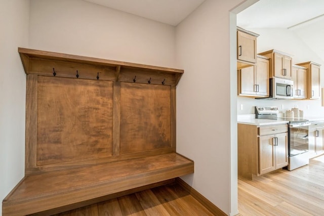 mudroom with light hardwood / wood-style floors