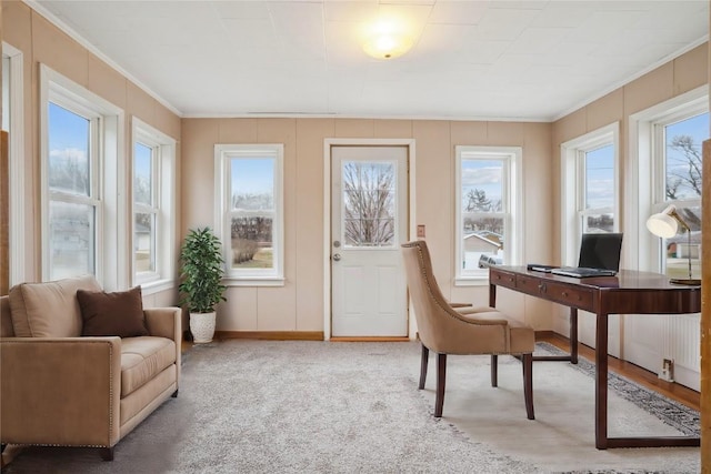 home office featuring ornamental molding, a wealth of natural light, and carpet floors