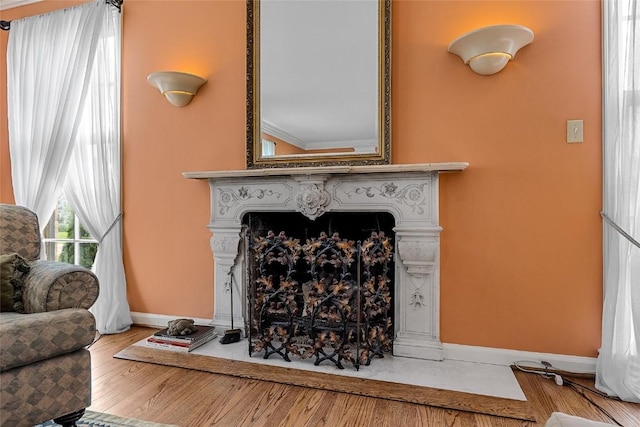 interior details featuring ornamental molding and hardwood / wood-style flooring