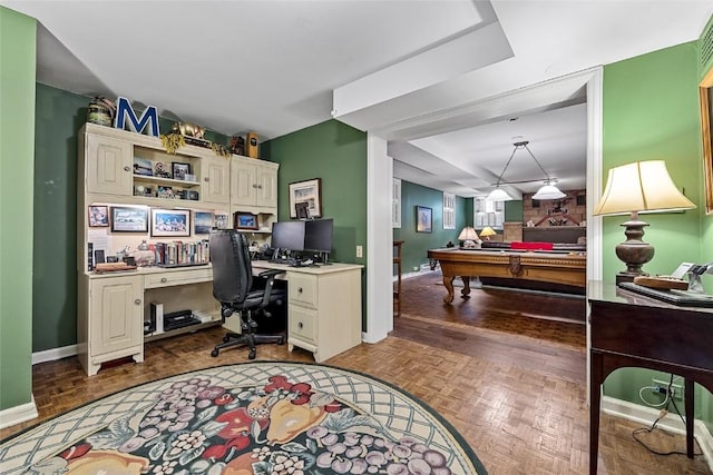 office with dark parquet floors and billiards