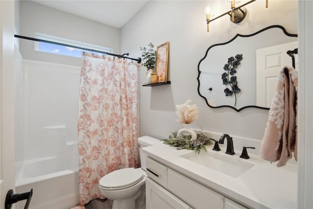 full bathroom with shower / bath combination with curtain, toilet, and vanity