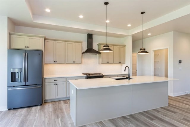 kitchen featuring pendant lighting, a center island with sink, sink, wall chimney exhaust hood, and stainless steel appliances