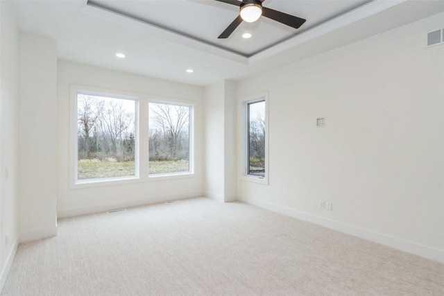 empty room with light carpet, a raised ceiling, and ceiling fan