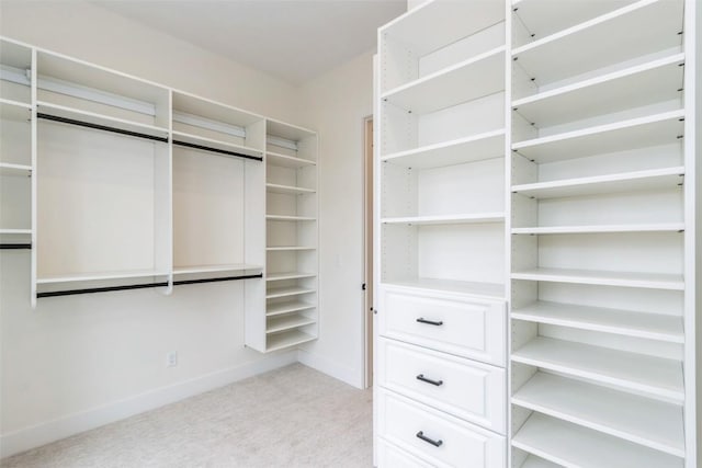 walk in closet with light carpet