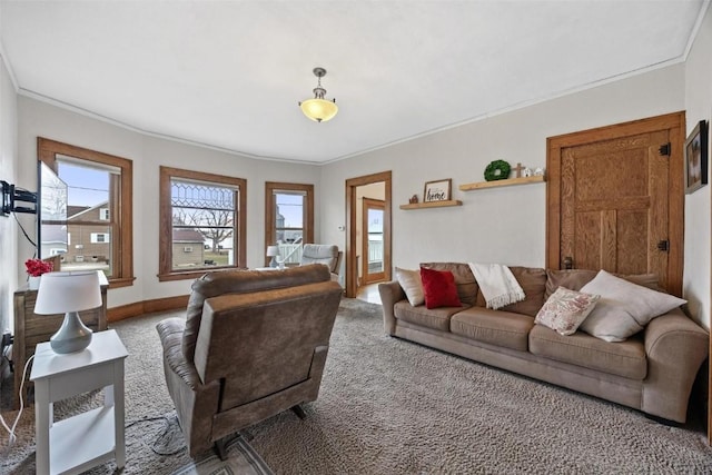 carpeted living room featuring crown molding