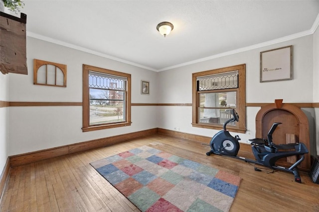 workout area with crown molding and light hardwood / wood-style floors