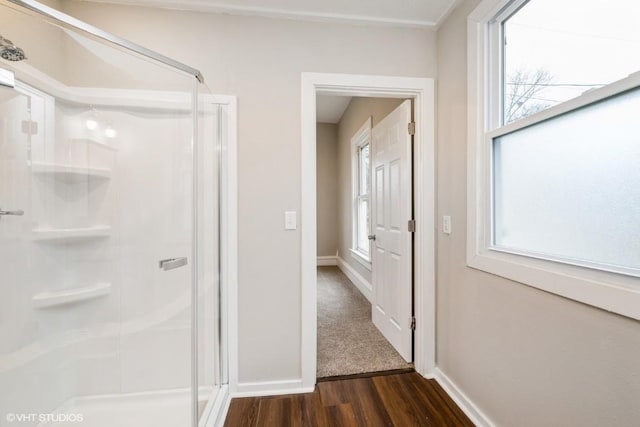 bathroom with hardwood / wood-style floors and an enclosed shower