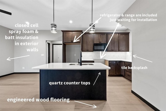 kitchen featuring pendant lighting, a center island with sink, sink, light wood-type flooring, and tasteful backsplash