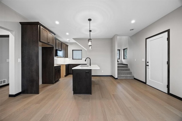 kitchen featuring decorative backsplash, dark brown cabinets, sink, pendant lighting, and a center island with sink