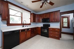 kitchen with black appliances, ceiling fan, sink, and a wealth of natural light