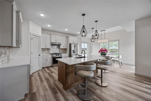 kitchen featuring appliances with stainless steel finishes, wood finished floors, a sink, light countertops, and under cabinet range hood