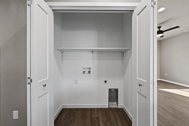 clothes washing area featuring hookup for a washing machine, dark hardwood / wood-style floors, ceiling fan, and electric dryer hookup