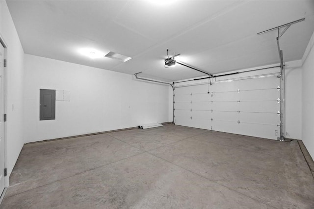 garage with electric panel and a garage door opener