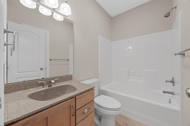 full bathroom with toilet, bathtub / shower combination, vanity, and tile patterned floors