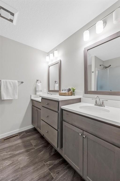 bathroom featuring vanity, a textured ceiling, and walk in shower