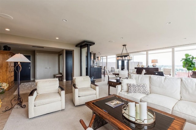 living room with a wall of windows