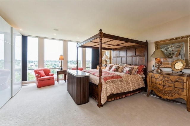 carpeted bedroom with a wall of windows