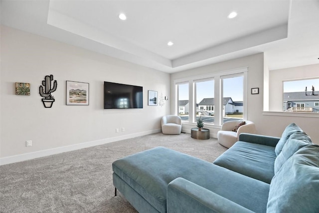 carpeted living room with a raised ceiling