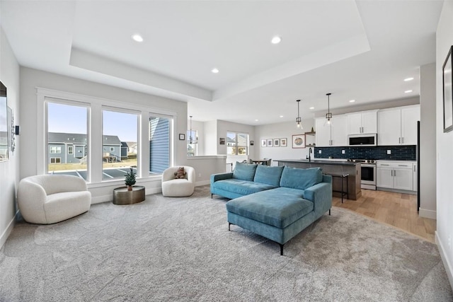 living room with a raised ceiling and light hardwood / wood-style flooring