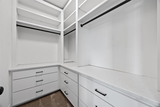 walk in closet featuring dark colored carpet