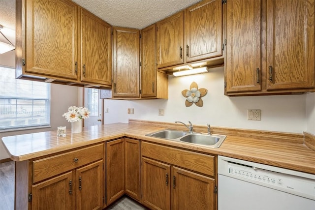 kitchen with dishwasher, kitchen peninsula, and sink