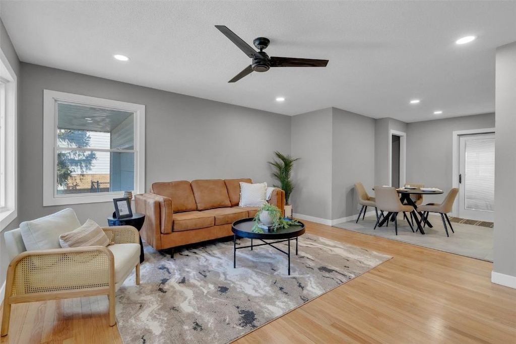 living room featuring ceiling fan and light hardwood / wood-style flooring