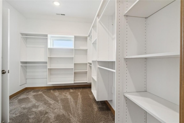 walk in closet featuring dark colored carpet