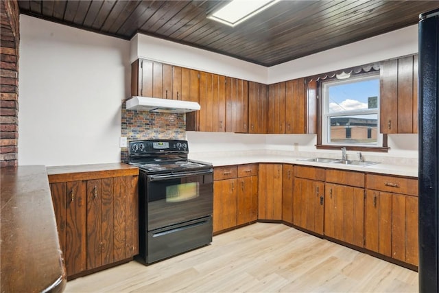 kitchen with electric range, sink, extractor fan, wood ceiling, and light wood-type flooring