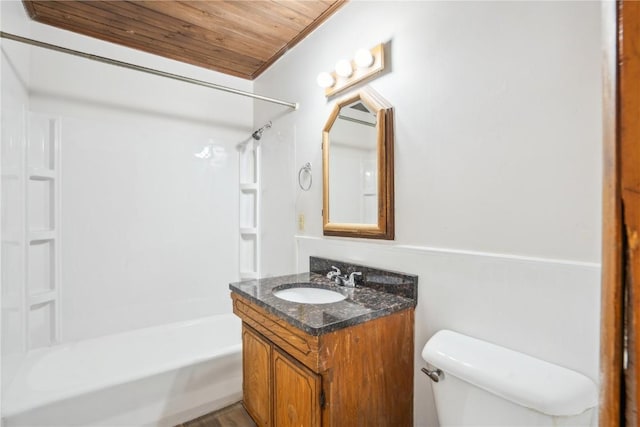 full bathroom featuring toilet, shower / washtub combination, vanity, wood ceiling, and ornamental molding