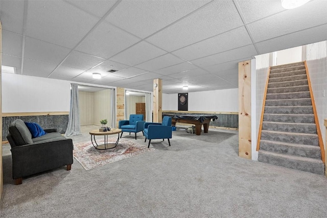 game room featuring carpet flooring, a paneled ceiling, and pool table