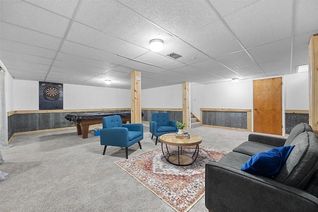 living room with carpet flooring, a paneled ceiling, and billiards