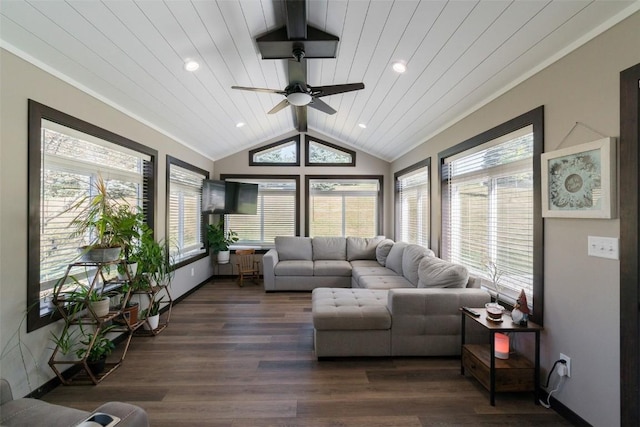 sunroom featuring ceiling fan, lofted ceiling, and wood ceiling