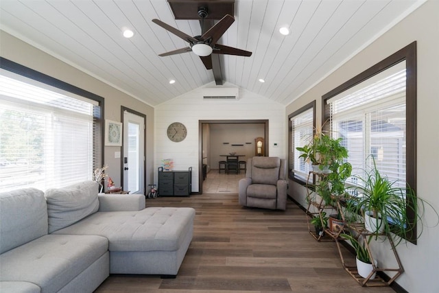 living room featuring vaulted ceiling with beams, dark hardwood / wood-style flooring, ceiling fan, and wood ceiling