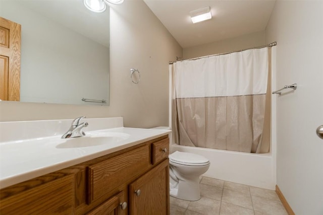 full bathroom with tile patterned floors, vanity, toilet, and shower / bathtub combination with curtain