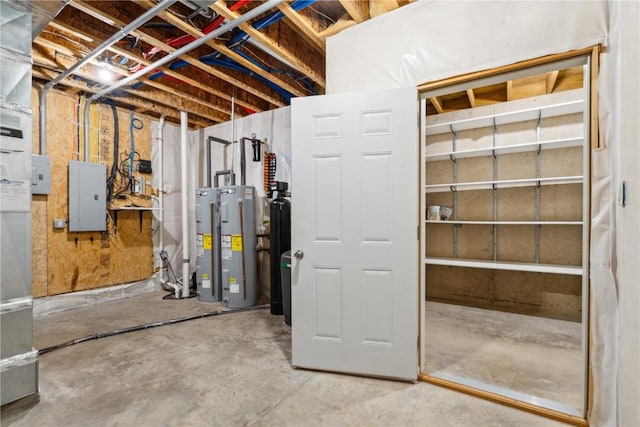 unfinished basement with electric panel and water heater