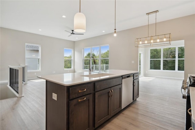 kitchen featuring ceiling fan, sink, decorative light fixtures, a kitchen island with sink, and appliances with stainless steel finishes