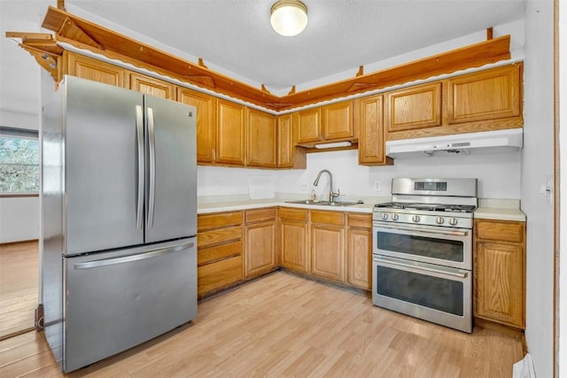 kitchen featuring light wood-style flooring, stainless steel appliances, light countertops, under cabinet range hood, and a sink