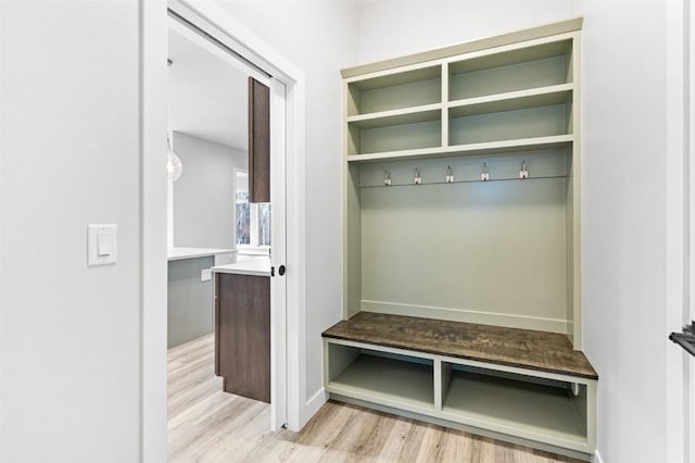 mudroom with light hardwood / wood-style flooring