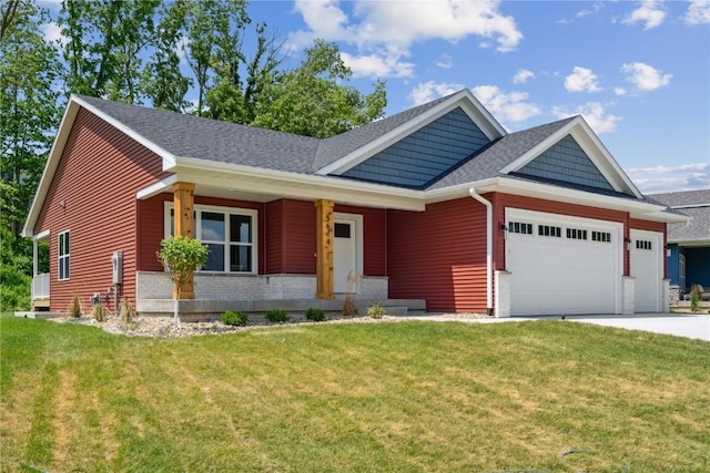 craftsman inspired home featuring a front lawn and a garage