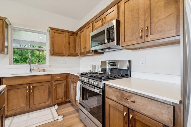 kitchen featuring stainless steel appliances, light hardwood / wood-style flooring, and sink