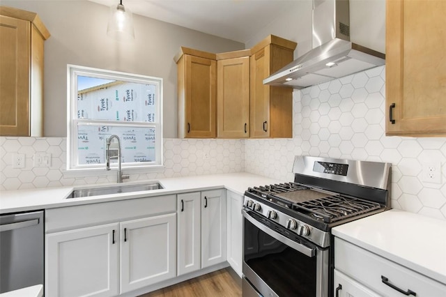 kitchen featuring backsplash, sink, wall chimney exhaust hood, appliances with stainless steel finishes, and white cabinetry