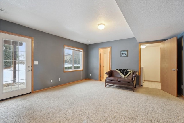 sitting room with light carpet and a textured ceiling