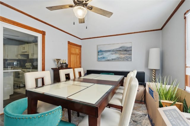 dining space with ceiling fan and ornamental molding