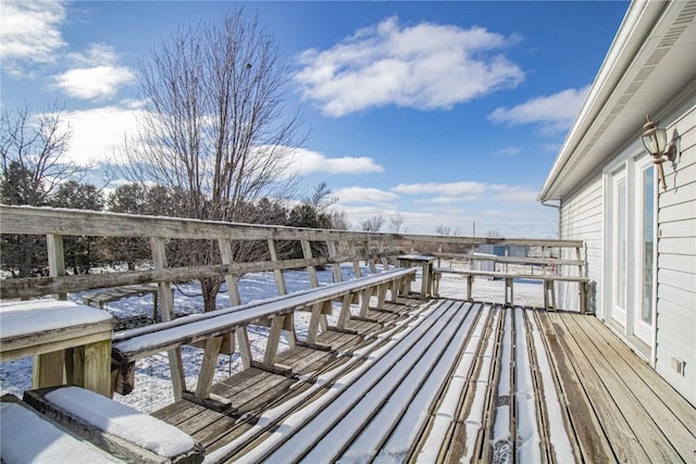 view of snow covered deck