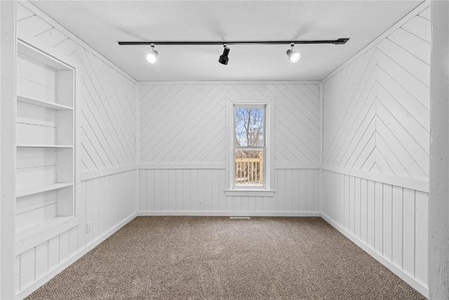 carpeted spare room with wood walls and rail lighting