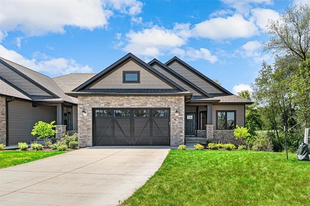 craftsman-style house featuring a garage and a front lawn