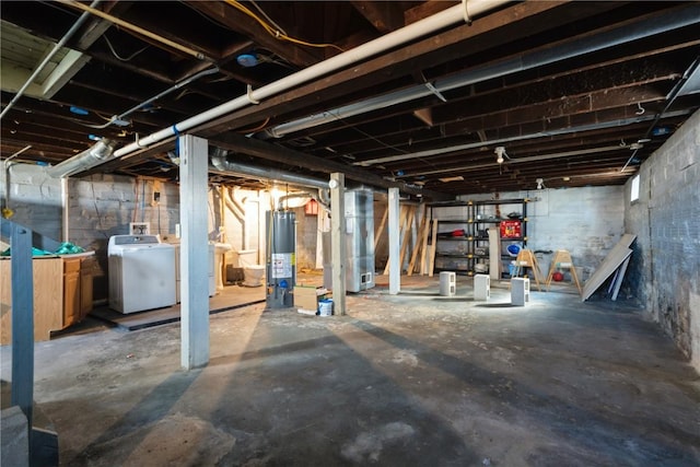 basement with washer / dryer, gas water heater, and heating unit