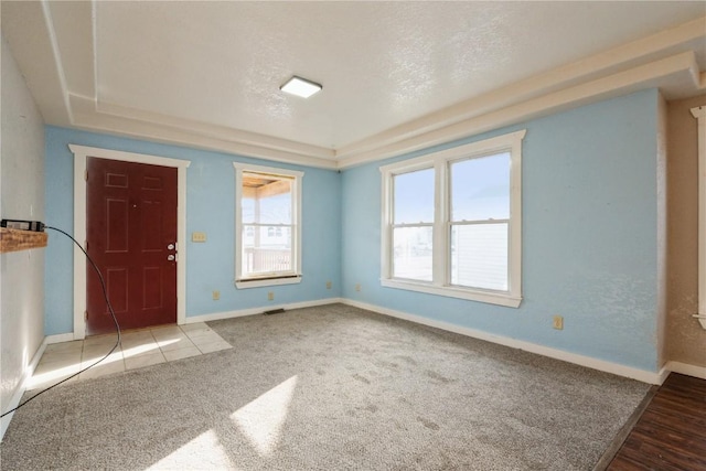 entryway with a textured ceiling, carpet floors, and a raised ceiling