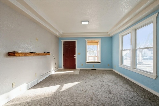 interior space with a raised ceiling and a textured ceiling