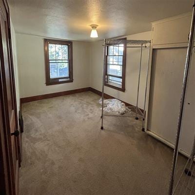 unfurnished bedroom featuring light colored carpet, a textured ceiling, and vaulted ceiling